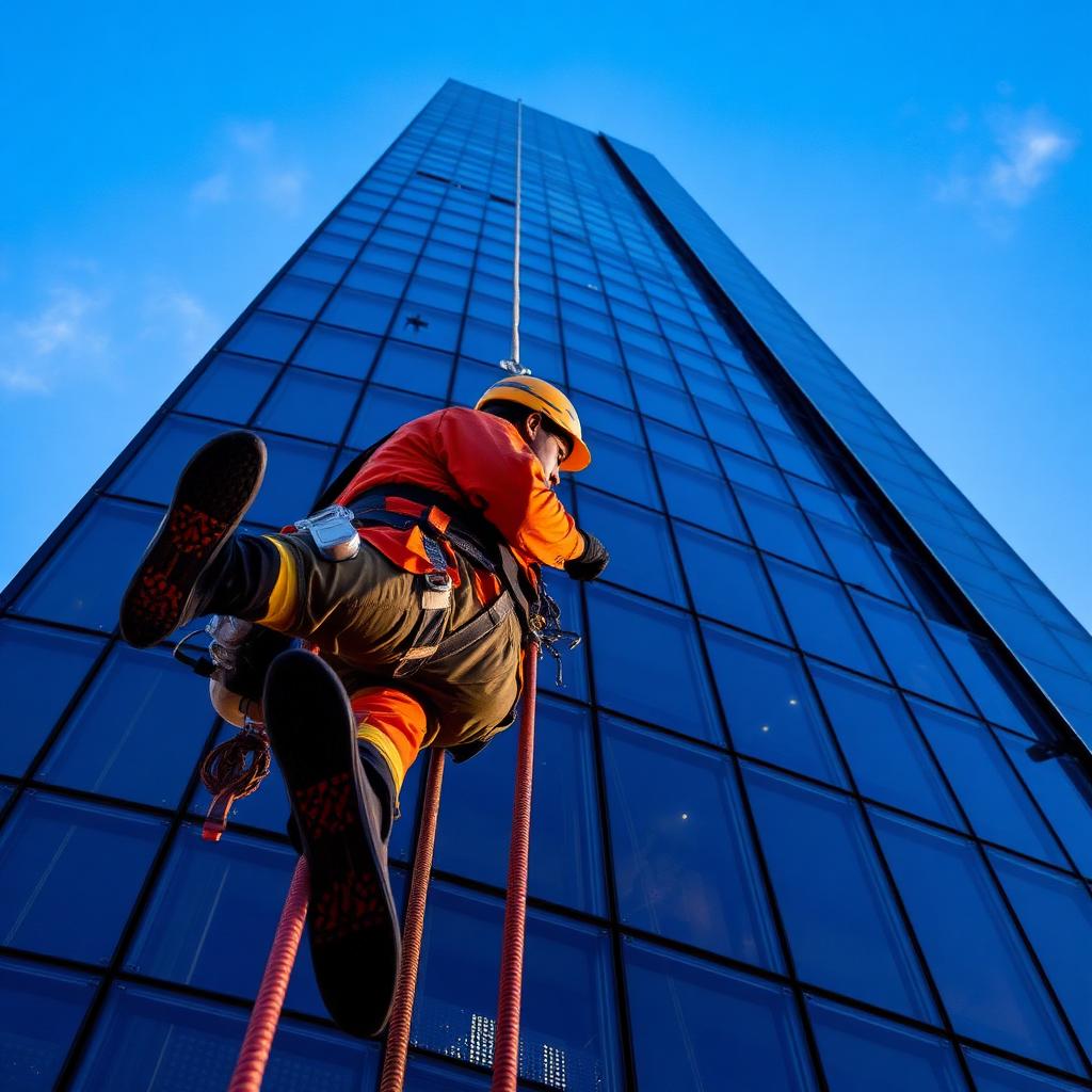 Alpinista industrial descendendo por corda em fachada de edifício em São Paulo